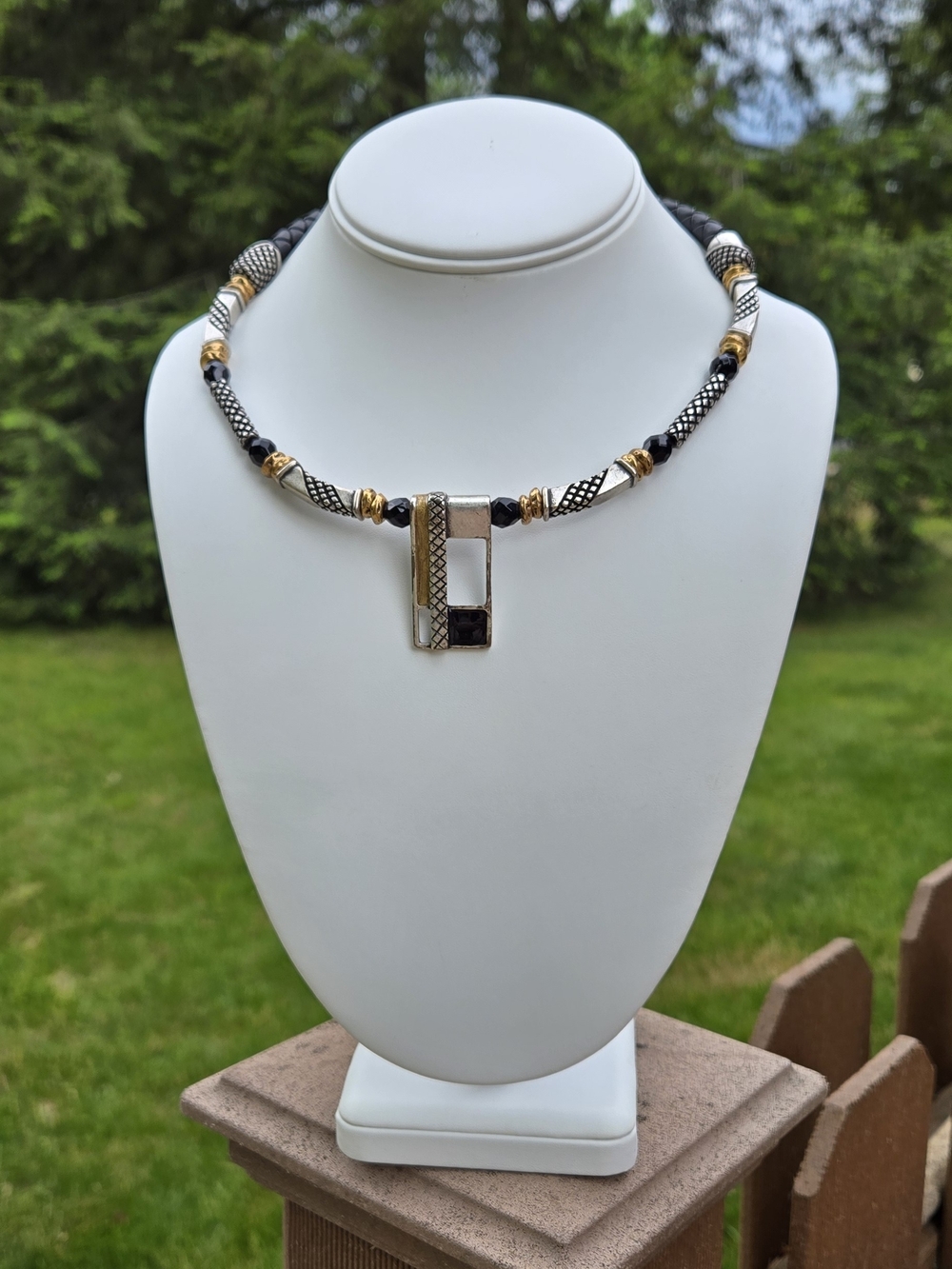 Chico's Black Leather / Beads Sliver and Gold Geometric Pendant Necklace